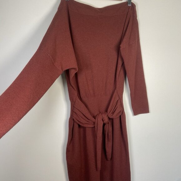ANTHROPOLOGIE Womens L Redwood Off Shoulder Mini Dress Dolman Sleeve Tie Waist - Picture 3 of 11